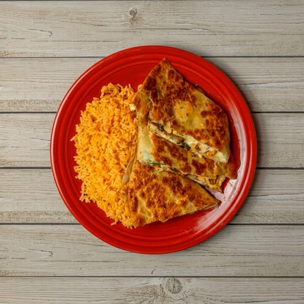 Golden-brown quesadillas filled with cheese and meat, served with orange rice on a red plate.